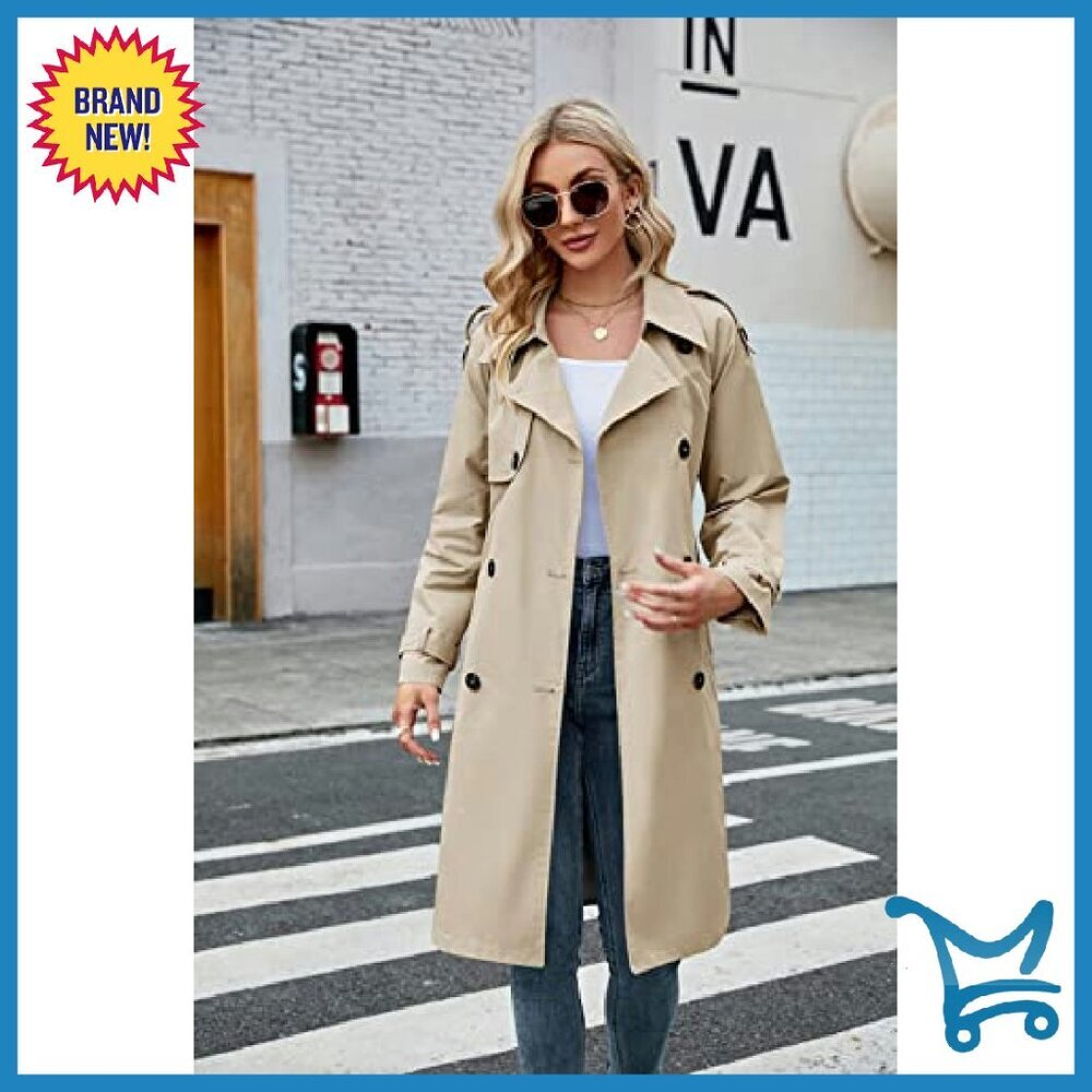 Women's Slim Fit Trench Coat Double Breasted Long Windproof Belted - Picture 4 of 8